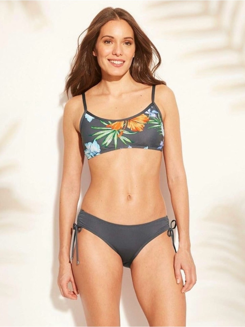 Kona Sol Charcoal Floral Bikini Set with Orange & Blue Accents med top large bot